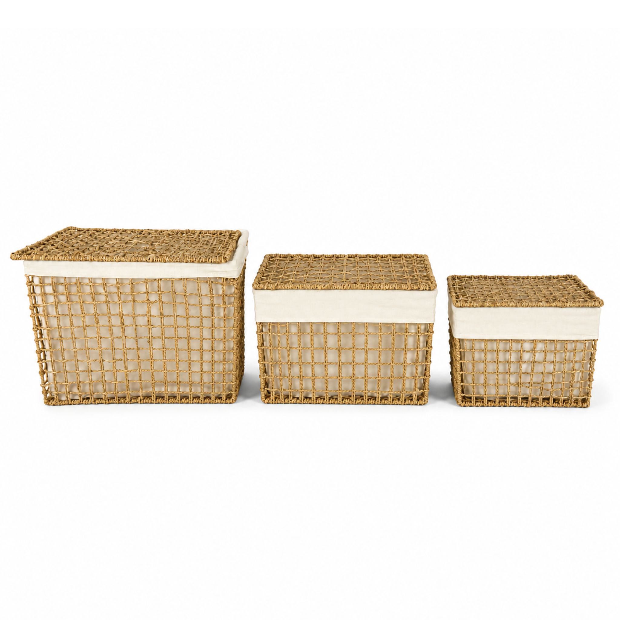 Lidded Seagrass Storage Basket Set with Cotton Liners – BKS-S102 (Cói) - Detail View 4 - Vietrustic