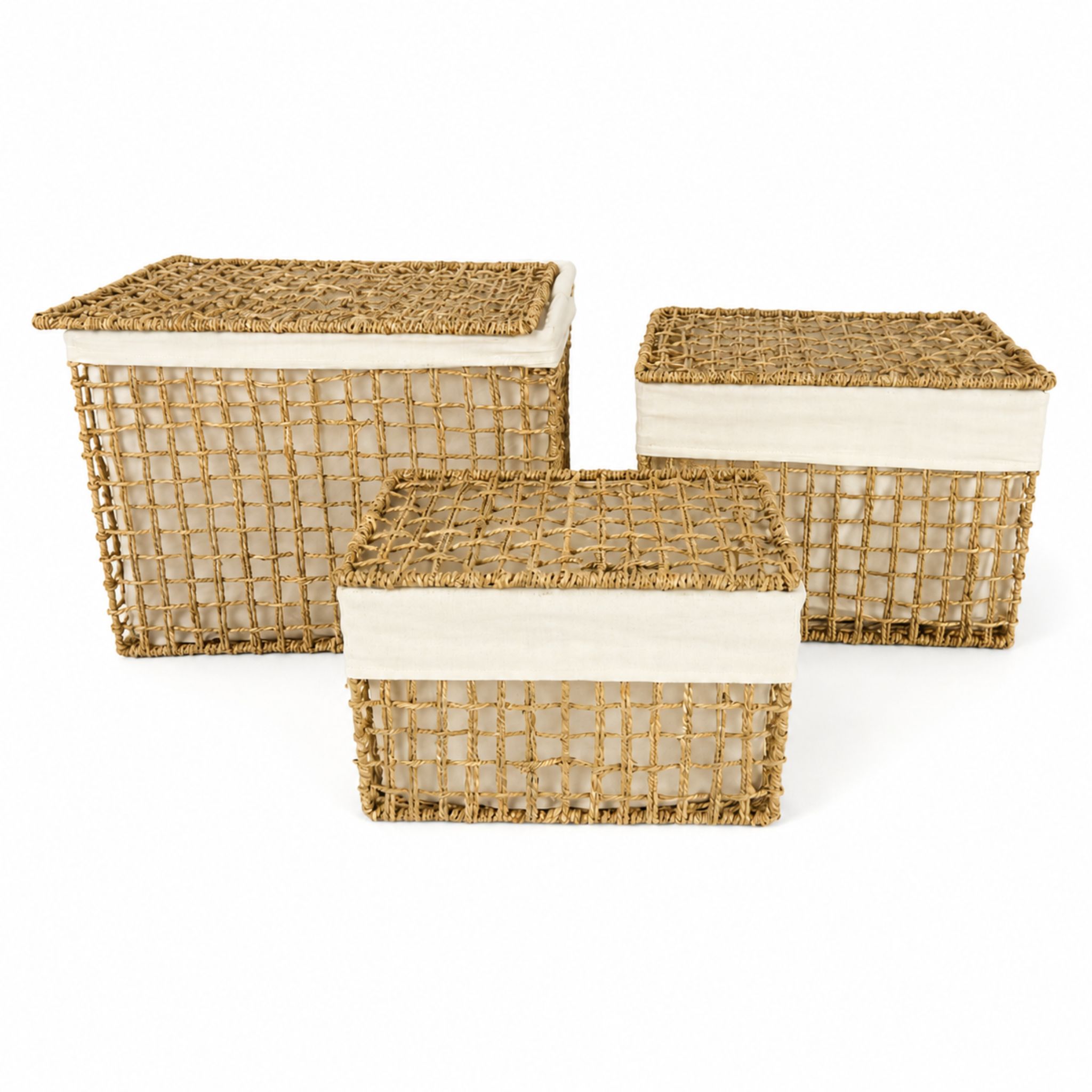 Lidded Seagrass Storage Basket Set with Cotton Liners – BKS-S102 (Cói) - SKU: BKS-S102 - Vietrustic