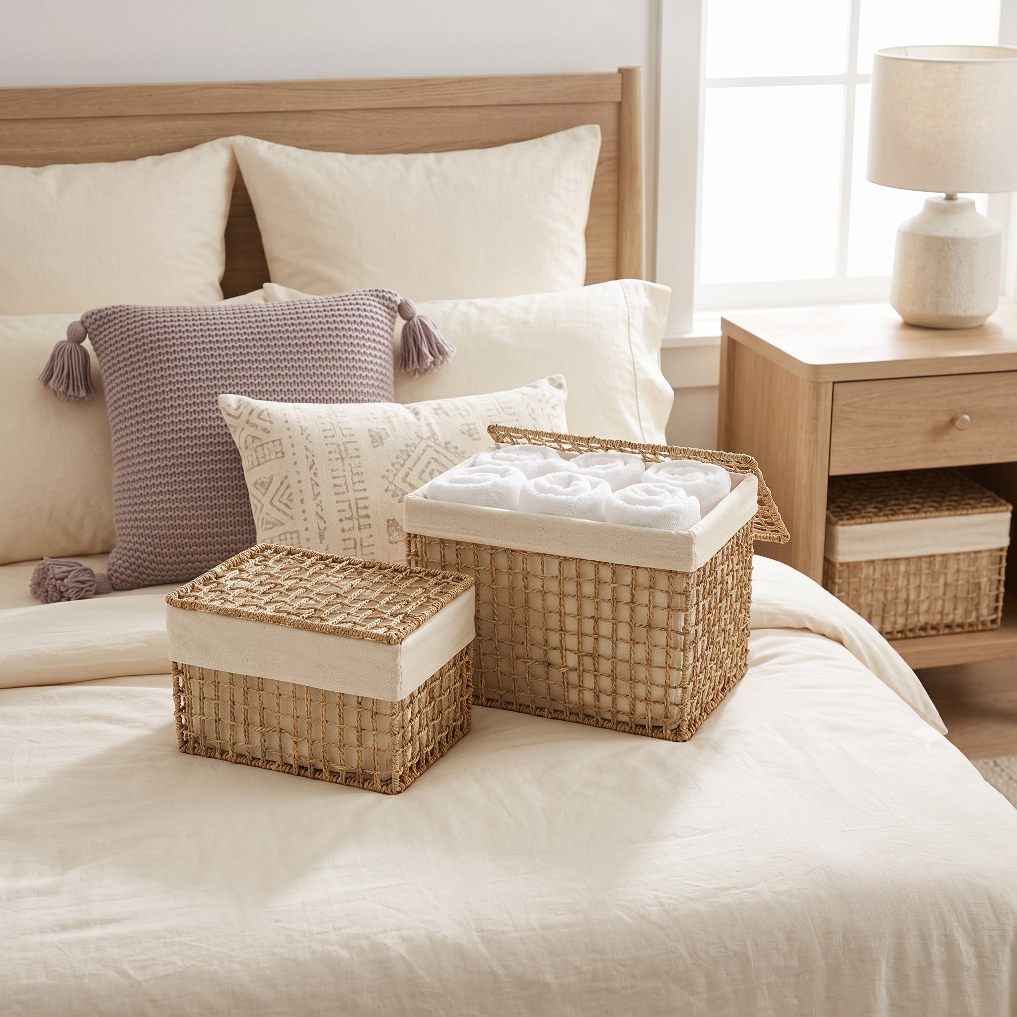 Lidded Seagrass Storage Basket Set with Cotton Liners – BKS-S102 (Cói) - Detail View 3 - Vietrustic