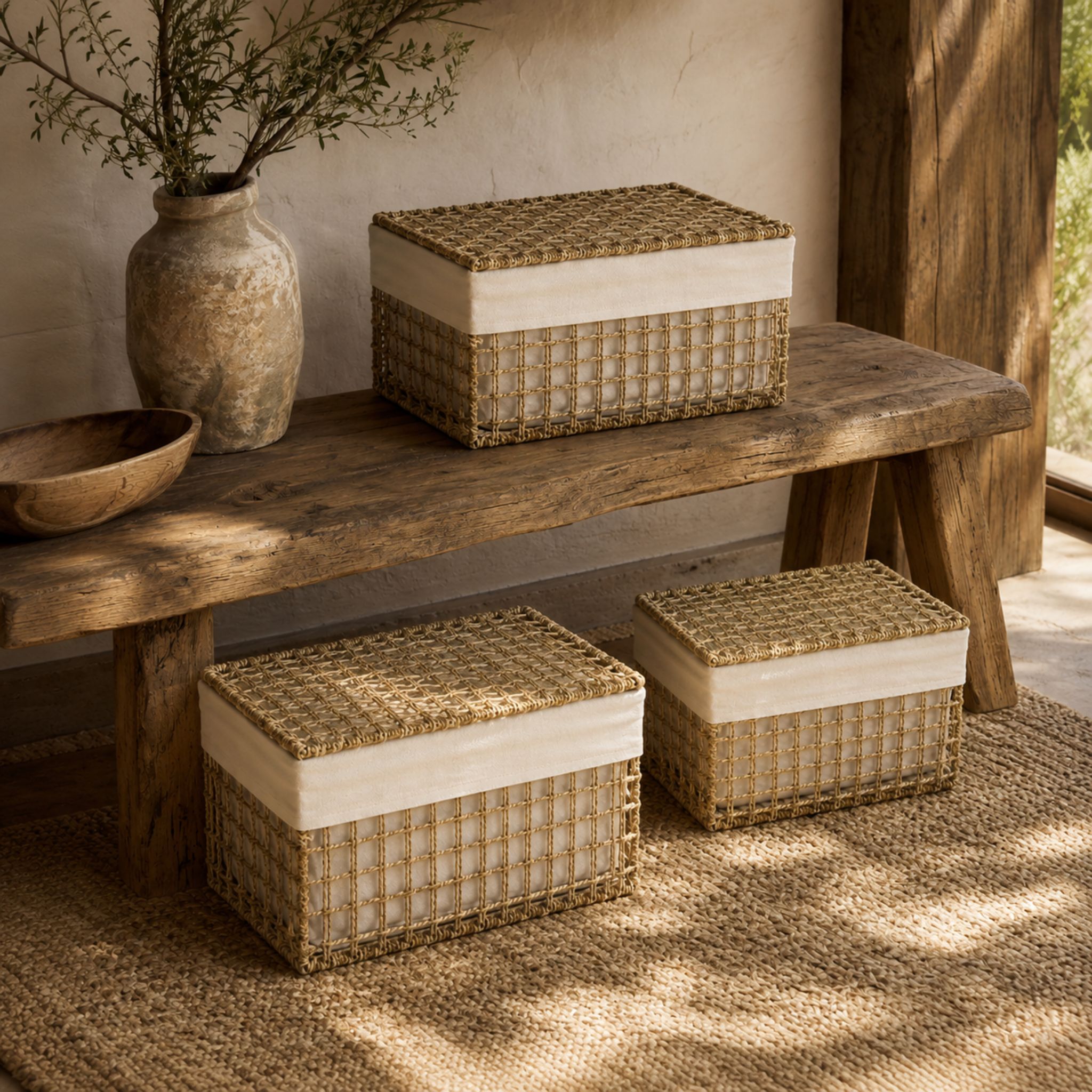 Lidded Seagrass Storage Basket Set with Cotton Liners – BKS-S102 (Cói) - Detail View 2 - Vietrustic