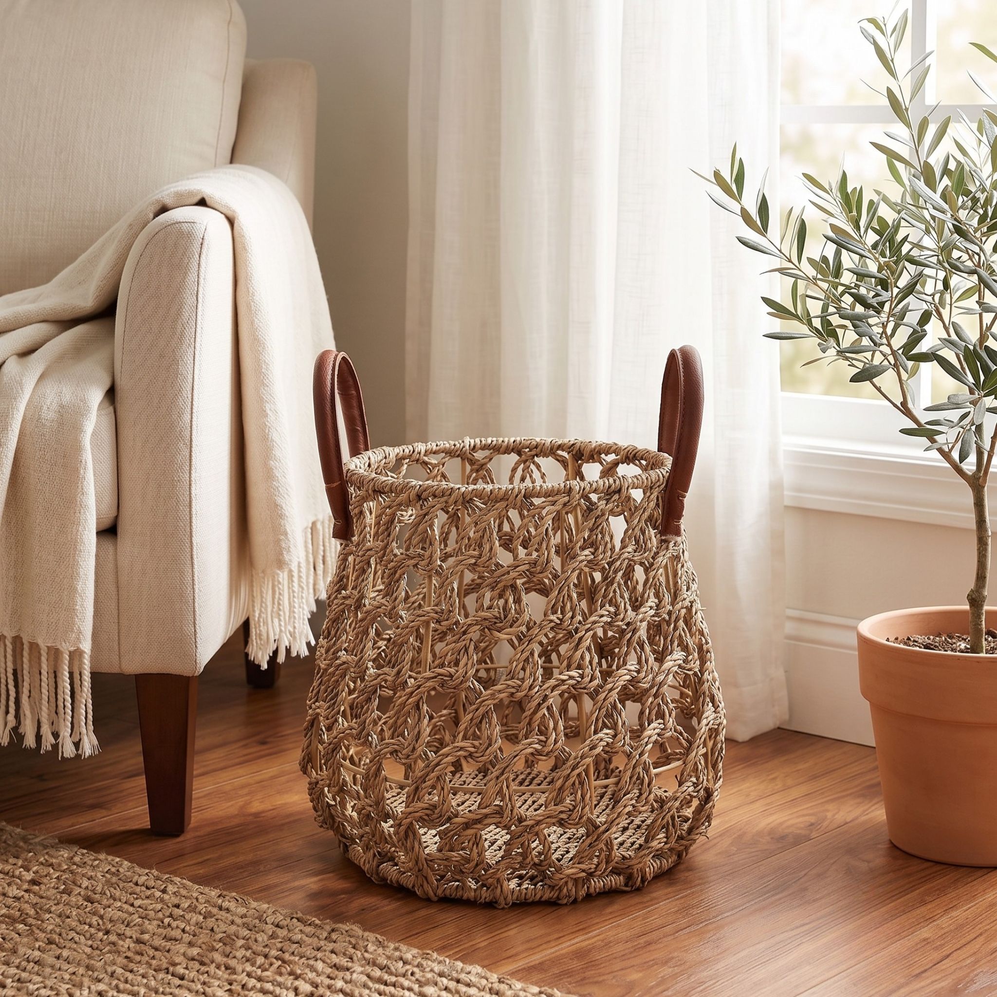 Seagrass Laundry Basket with PU Handles BKS-S85 (Cói) - Detail View 2 - Vietrustic