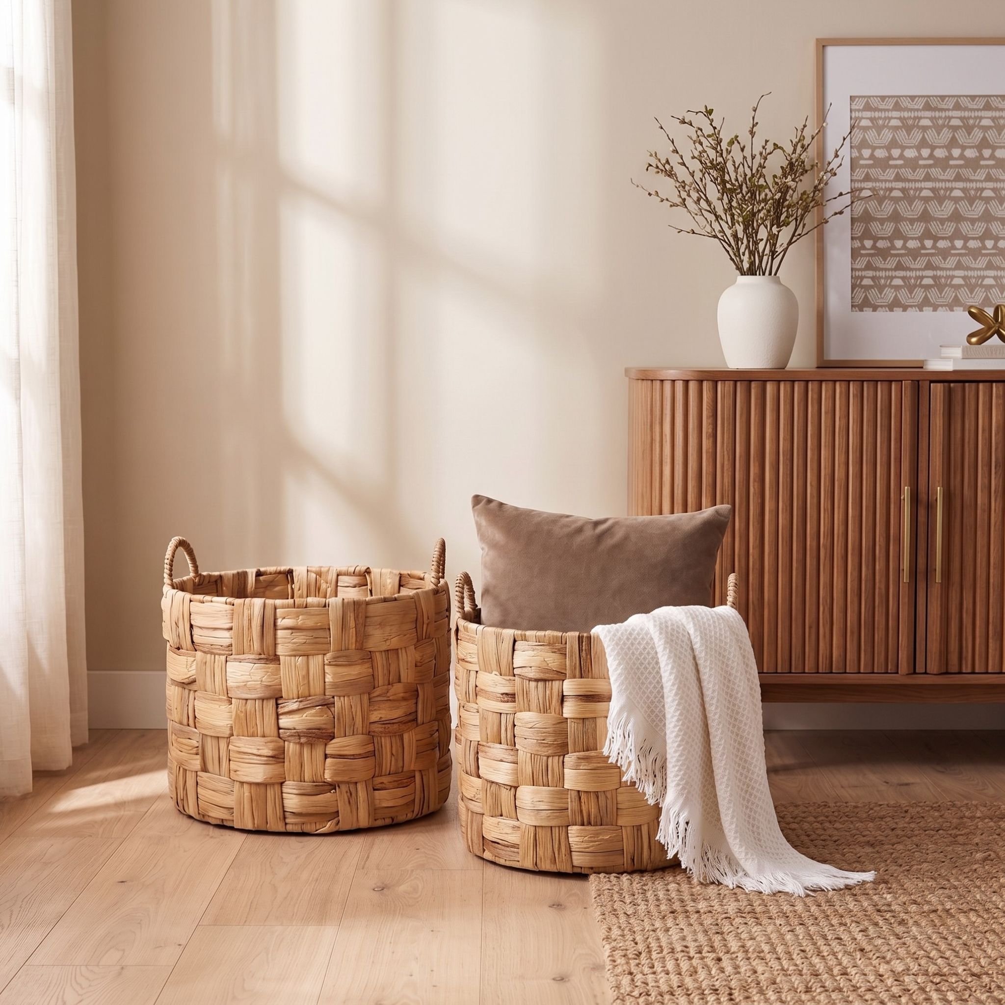 Checker Weave Water Hyacinth Laundry Basket Set – BKH-K215 (Lục bình / Bèo) - Detail View 2 - Vietrustic