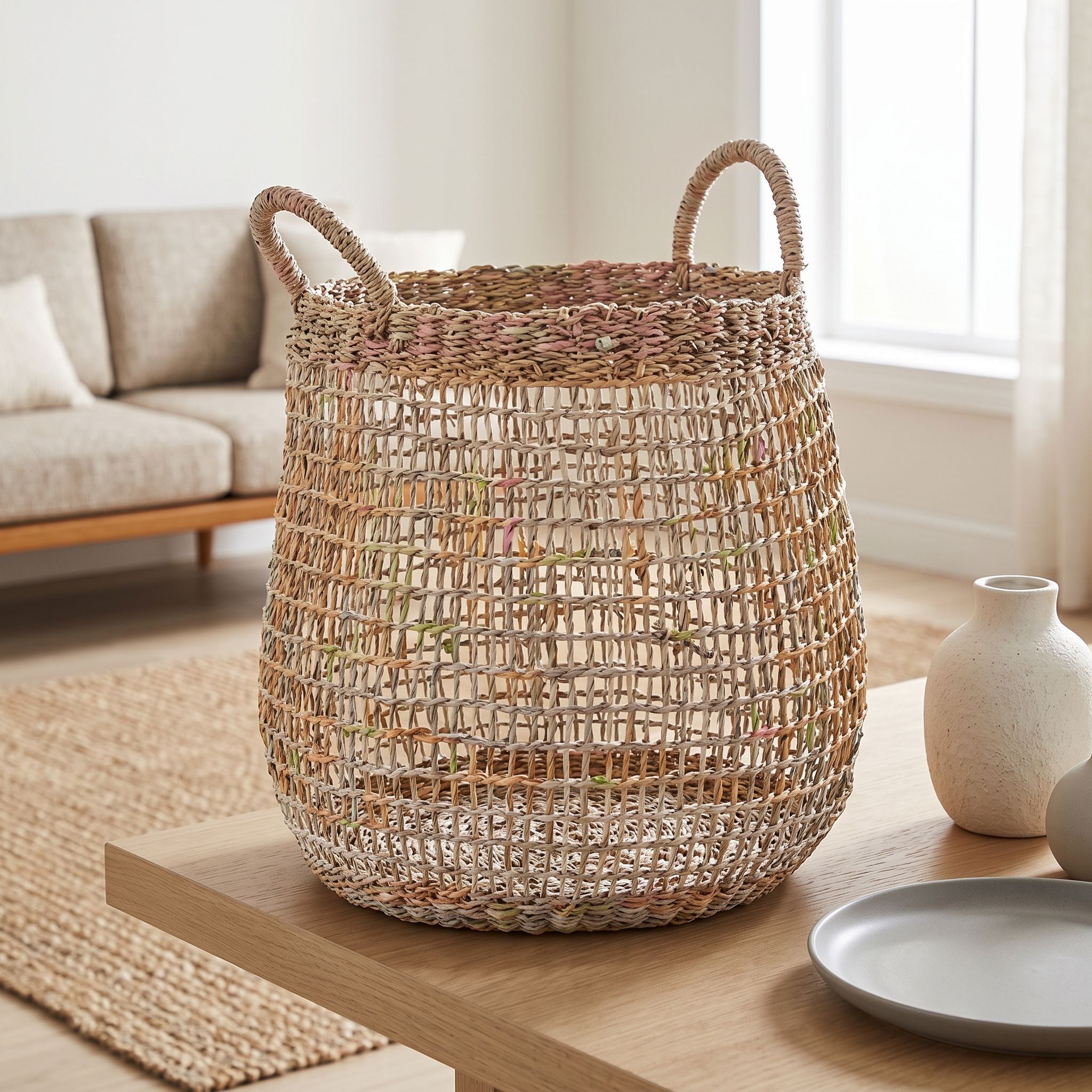 Round Seagrass Storage Basket with Handles BKS-C05 (Cói) - Detail View 4 - Vietrustic
